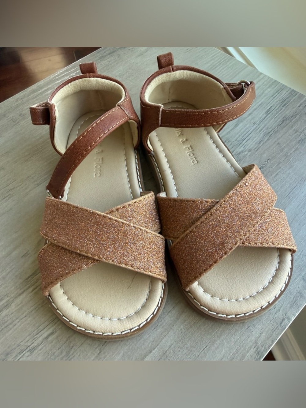Girls' Glitter Cross-Strap Sandals with Ankle Strap - Brown
